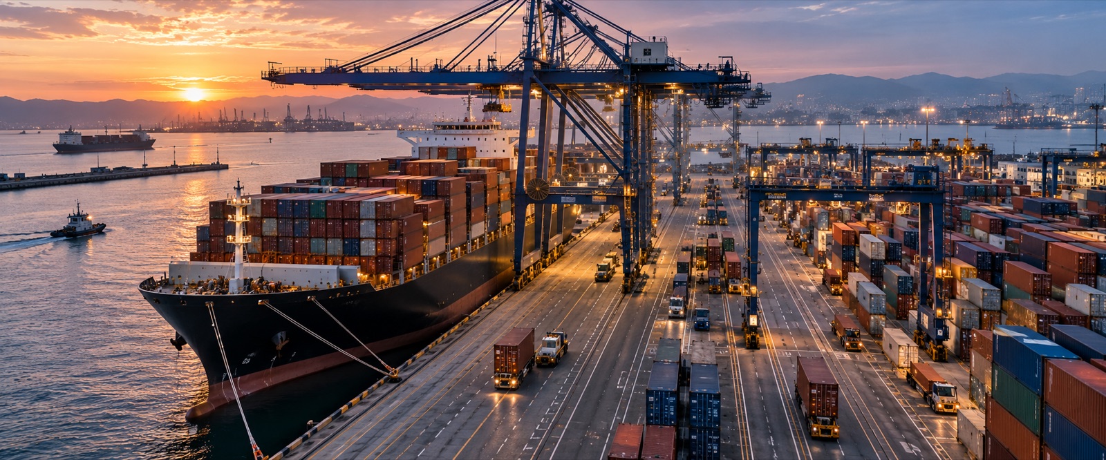 Portacontenedores atracado bajo las grúas de un puerto, con camiones circulando junto a las pilas de contenedores.