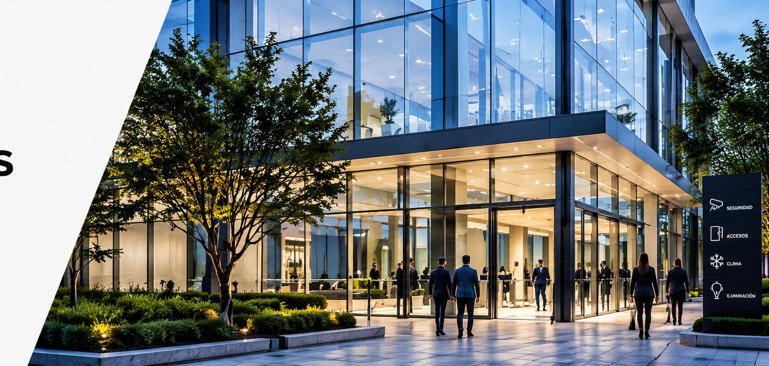 El acceso de un edificio corporativo de cristal al anochecer, con gente entrando por los torniquetes y un tótem que lista seguridad, accesos, clima e iluminación.
