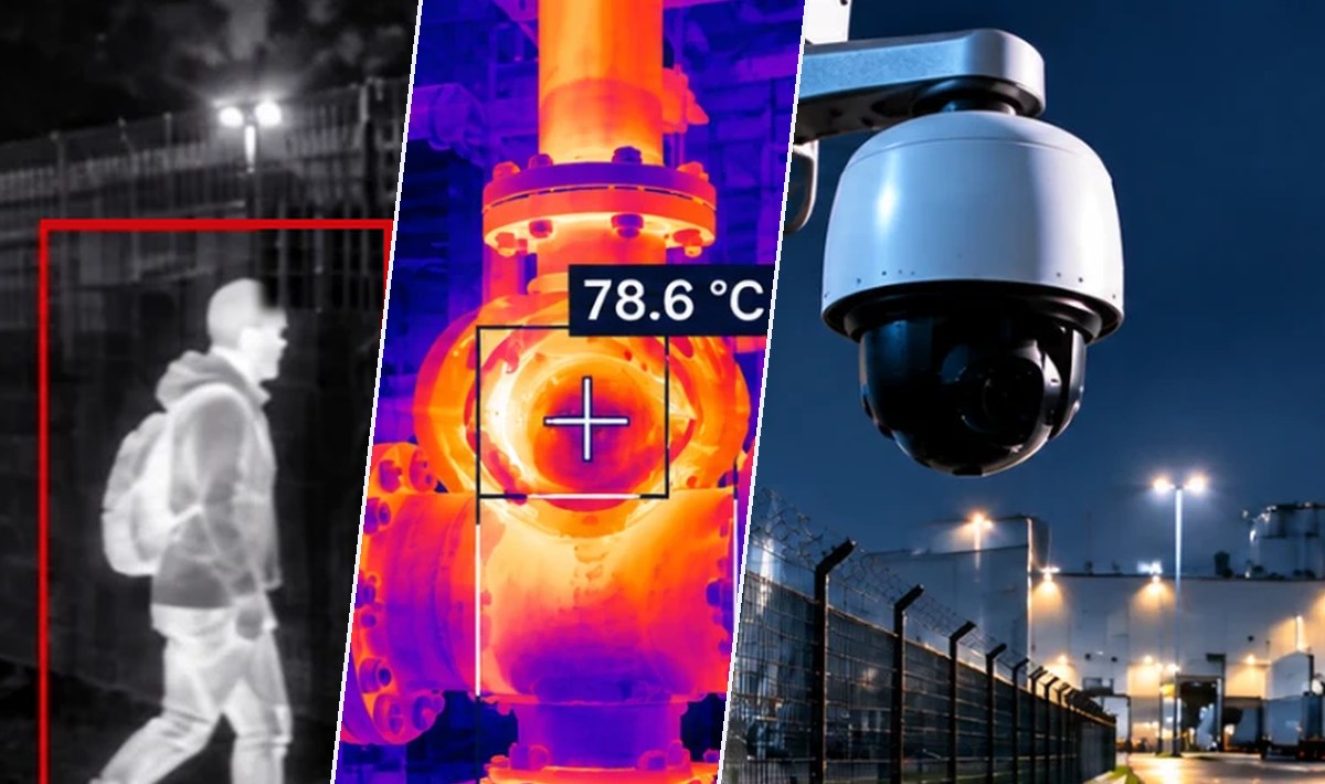 Tres escenas de un mismo sistema: una persona caminando de noche, vista en térmico y encuadrada por la detección; una brida de tubería en paleta ironbow con un punto de medición marcado en 78,6 °C; y un domo móvil sobre un poste vigilando una vialidad junto a una barda con concertina.